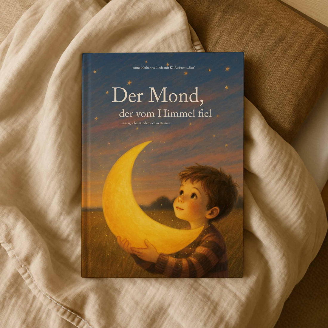 Kinderbuch „Der Mond, der vom Himmel fiel“ liegt auf einem weichen Bett aus Leinen – poetisches Vorlesebuch in Reimen mit leuchtendem Mond auf dem Cover.