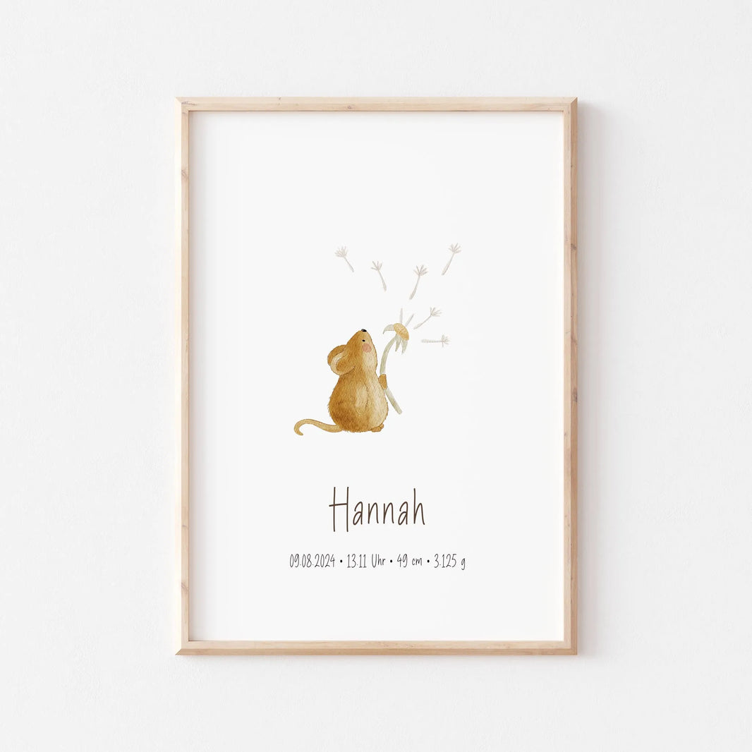 Poster zur Geburt Maus | Personalisiert | DIN A4 Geschenkidee Baby Geburt Geburtstag Poster Deko Babyzimmer Wandgestaltung Kinderzimmer Aquarell G5224K0471