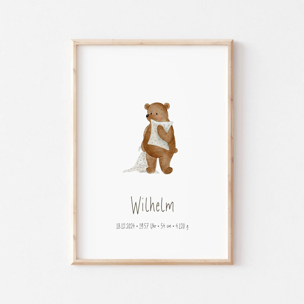Poster zur Geburt Bär | Personalisiert | DIN A4 Geschenkidee Baby Kind Geburtstag Wandgestaltung Deko Kinderzimmer Poster Aquarell G5224K0469