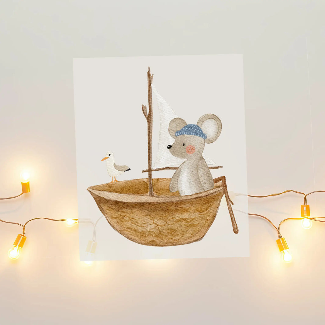 Aquarell-Bügelbild Maus im Segelboot | 8,5 x 10 cm B4324K0411
