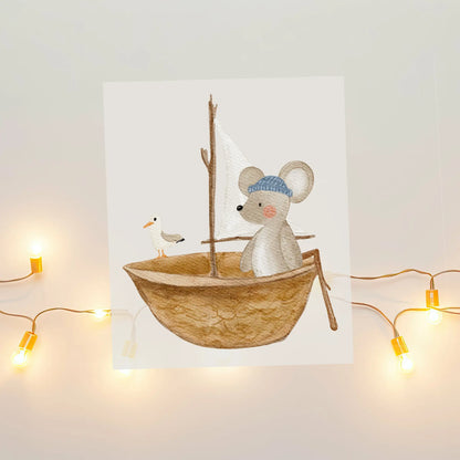 Aquarell-Bügelbild Maus im Segelboot | 8,5 x 10 cm B4324K0411