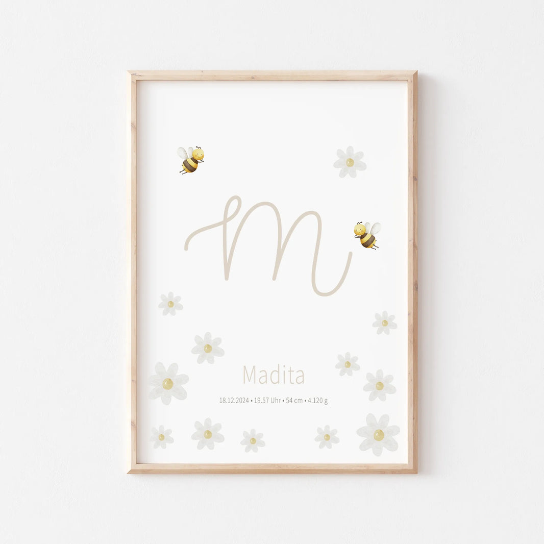 Geburtsposter Margariten & Bienen | Personalisiert | DIN A4 - G4625K055727