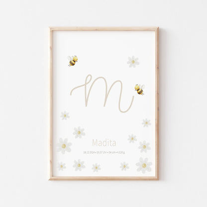 Geburtsposter Margariten & Bienen | Personalisiert | DIN A4 - G4625K055727