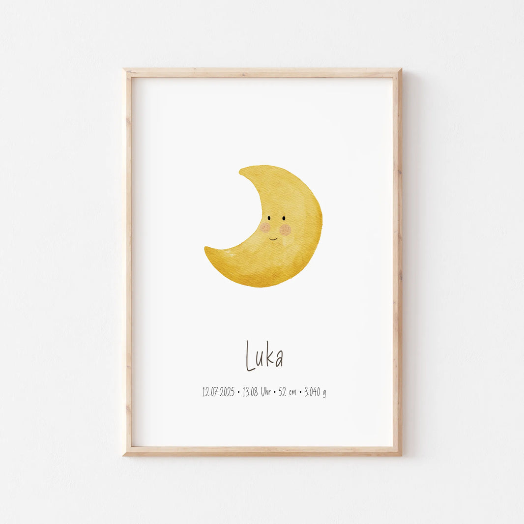 Poster zur Geburt Mond | Personalisiert | Geschenkidee Geburtstag Halbmond DIN A4 Kinderzimmer Deko Aquarell G5224K04521