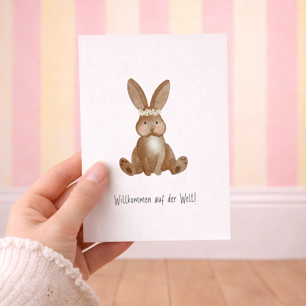Kotenkram Geburtskarte 'Hase mit Blumenkranz' | Mädchen | DIN A6 | Aquarell K0125K0483