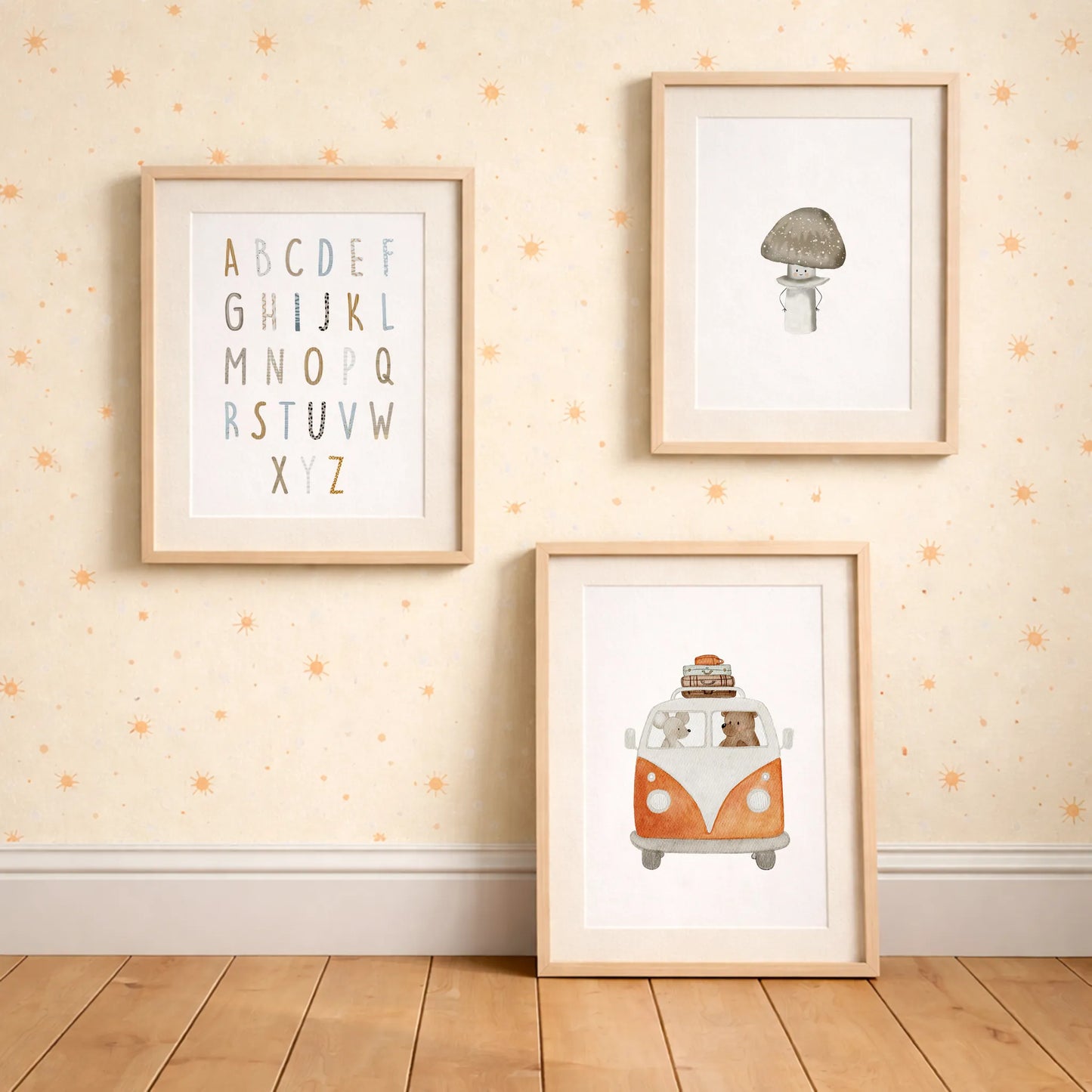 Kinderposter 'Pantherpilz', 'Buchstaben-Poster Alphabet ABC', 'Bulli Retro Rot'  DIN A4 Kinderzimmer Deko Wandgestaltung Spielzimmer Naturposter DIN A4 P5224K0463