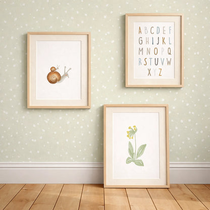 Buchstaben 'Poster ABC', Schnecken',  'Schlüsselblume' | Kinderzimmer Deko im Aquarell-Stil | DIN A4 - P0125K044-P5224K0465-P1524K0324D4