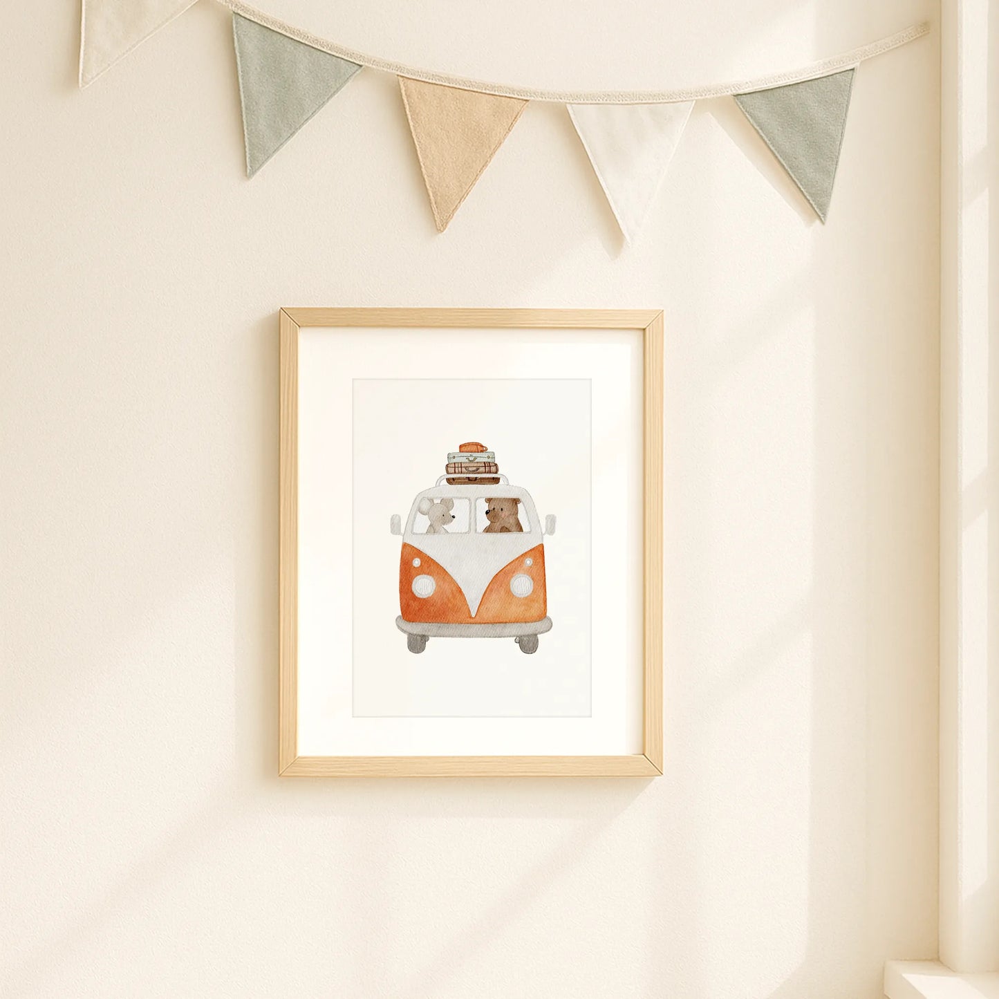 Kinderposter Retro-Bus rot | DIN A4 Wandgestaltung Kinderzimmer Deko Aquarell P1524K0328DI4