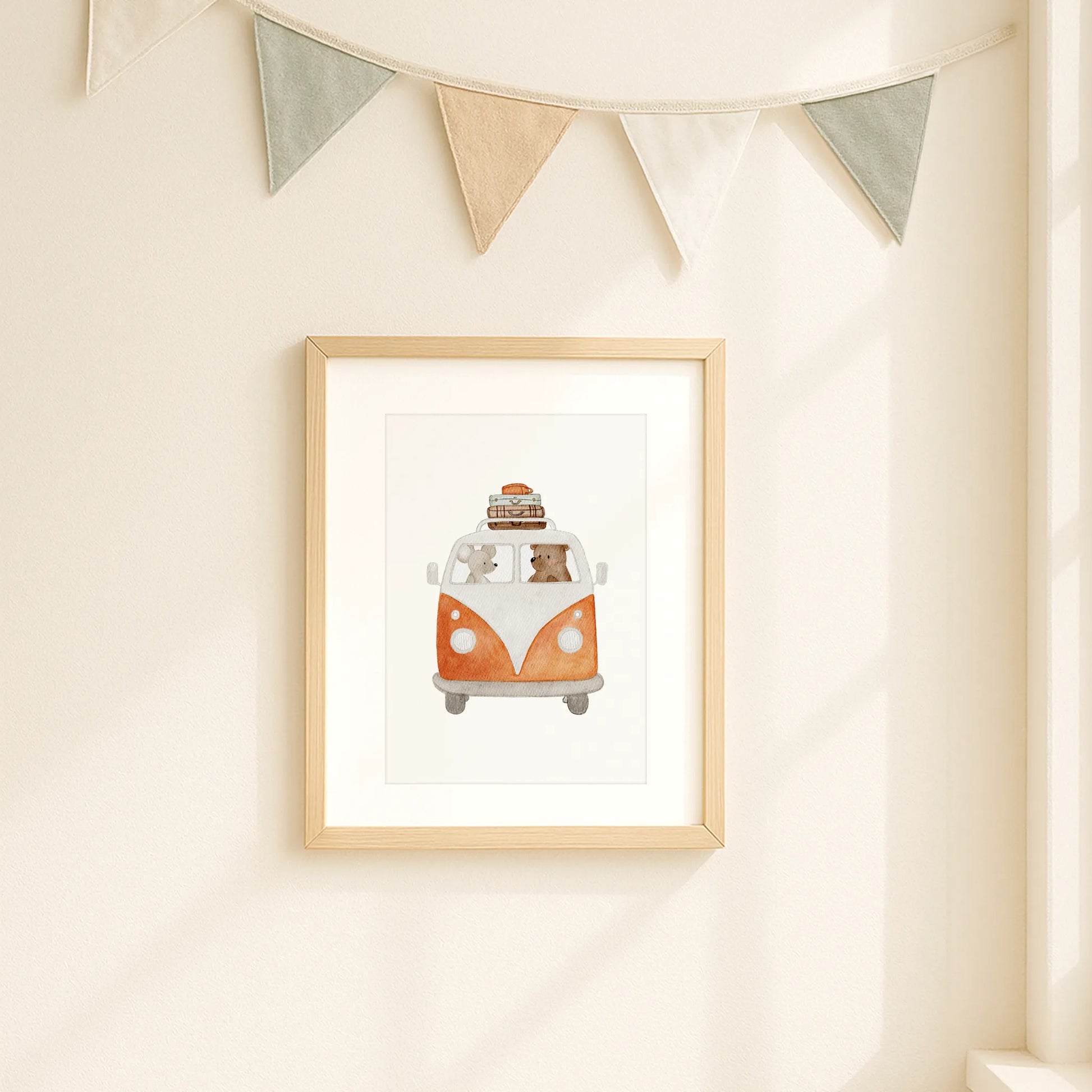 Kinderposter Retro-Bus rot | DIN A4 Wandgestaltung Kinderzimmer Deko Aquarell P1524K0328DI4