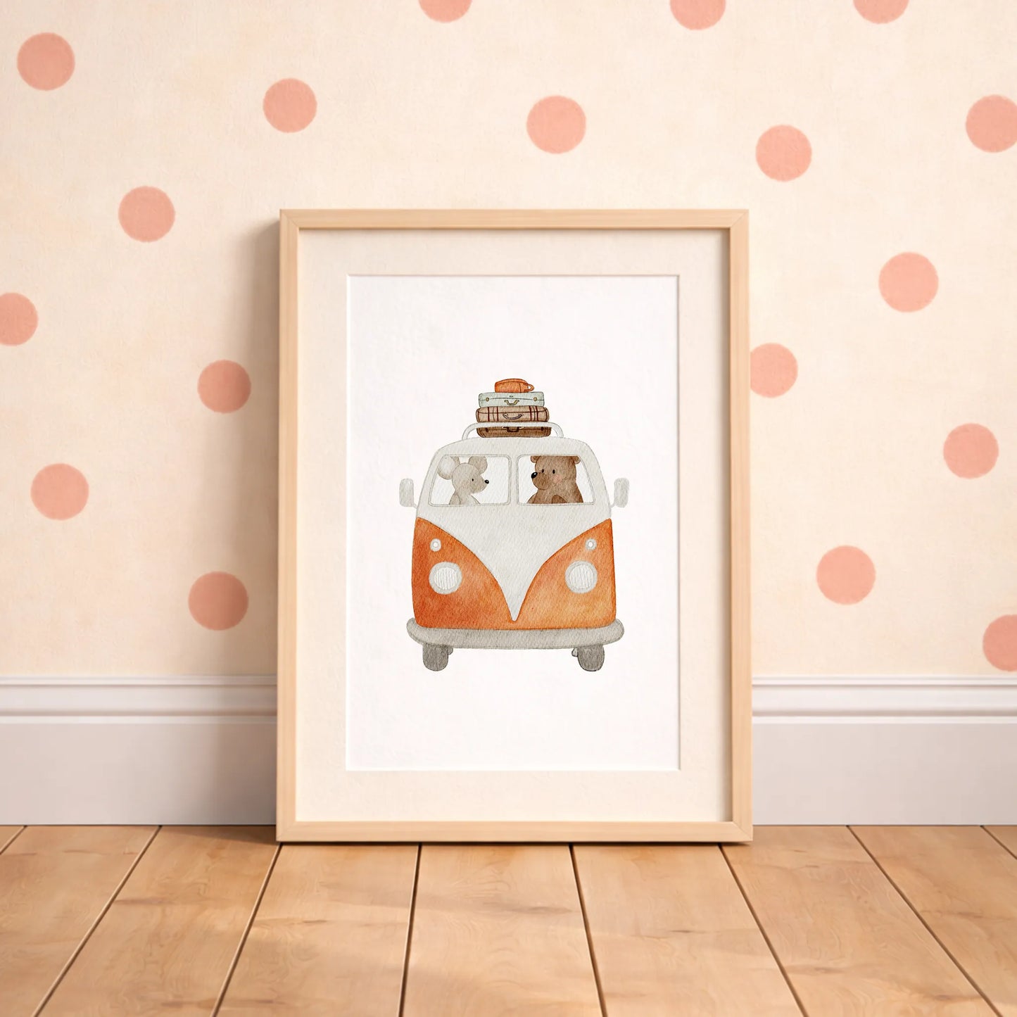 Kinderposter Retro-Bus rot | DIN A4 Wandgestaltung Kinderzimmer Deko Aquarell P1524K0328DI4RO