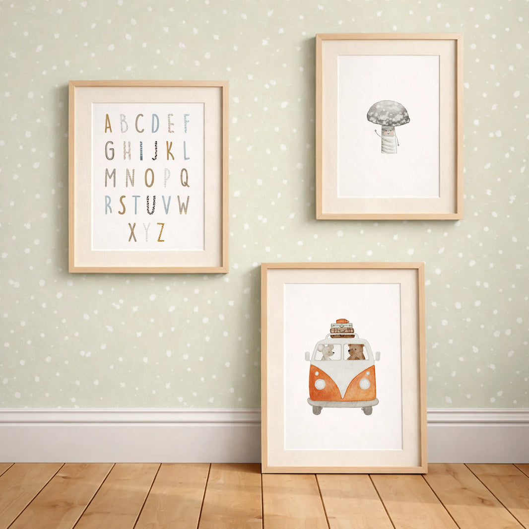 Kinderposter 'Grauer Pilz Naturposter', 'Retro Bulli Rot', 'ABC Buchstaben-Poster Alphabet' | DIN A4 Wandgestaltung Kinderzimmer Spielzimmer P5124K0449  