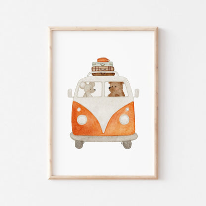 Kinderposter Retro-Bus rot | DIN A4 Wandgestaltung Kinderzimmer Deko Aquarell P1524K0328DI4RO