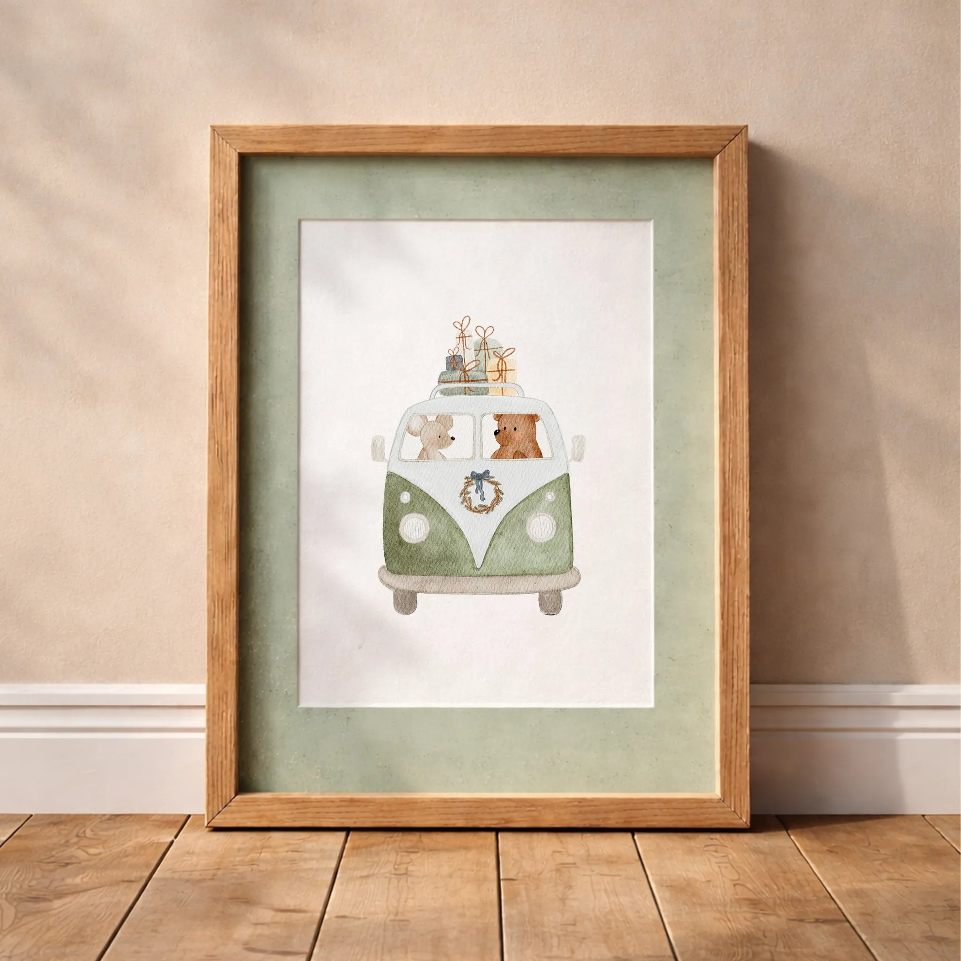 Kinderposter Retro-Bus grün | Weihnachten | DIN A4 Wandgestaltung Deko Kinderzimmer Spielzimmer Aquarell P4324K038715
