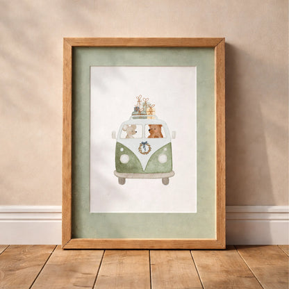 Kinderposter Retro-Bus grün | Weihnachten | DIN A4 Wandgestaltung Deko Kinderzimmer Spielzimmer Aquarell P4324K038715