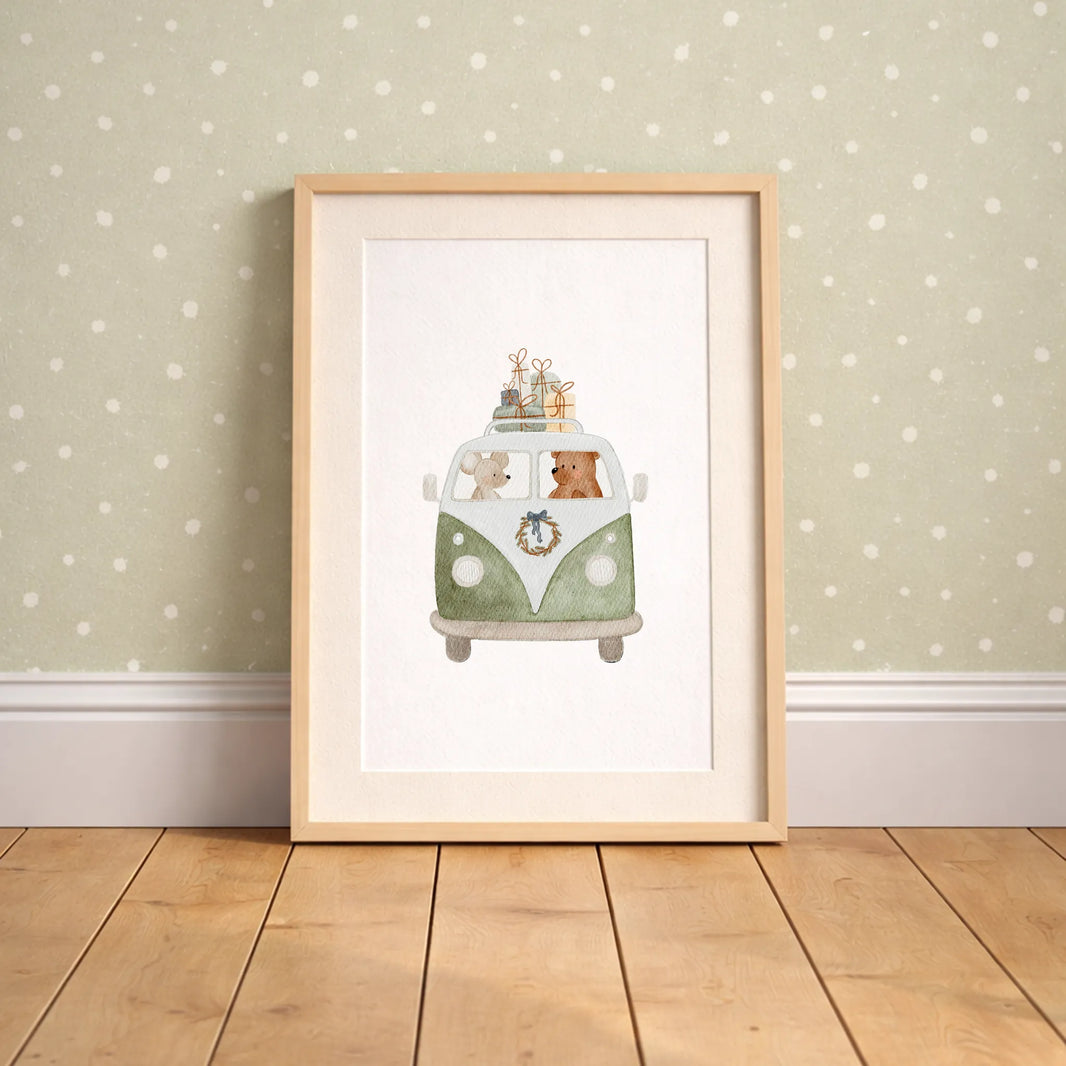 Kinderposter Retro-Bus grün | Weihnachten | DIN A4 Wandgestaltung Deko Kinderzimmer Spielzimmer Aquarell P4324K038715