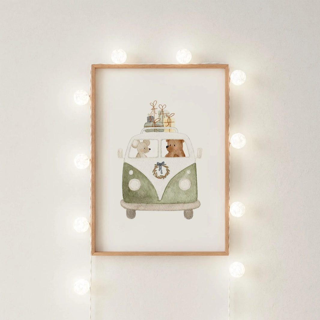 Kinderposter Retro-Bus grün | Weihnachten | DIN A4 Wandgestaltung Deko Kinderzimmer Spielzimmer Aquarell P4324K038715