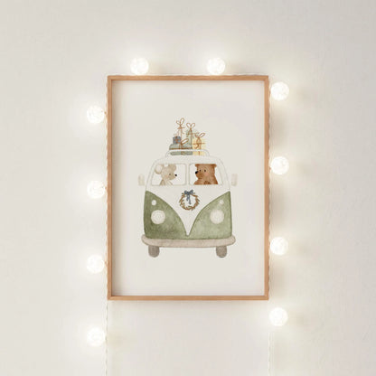 Kinderposter Retro-Bus grün | Weihnachten | DIN A4 Wandgestaltung Deko Kinderzimmer Spielzimmer Aquarell P4324K038715
