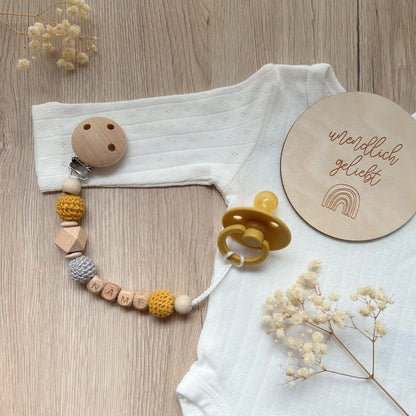 Kotenkram Schnullerkette mit Namen | senfgelb + grau | neutral Schnullerketten S1624K0331