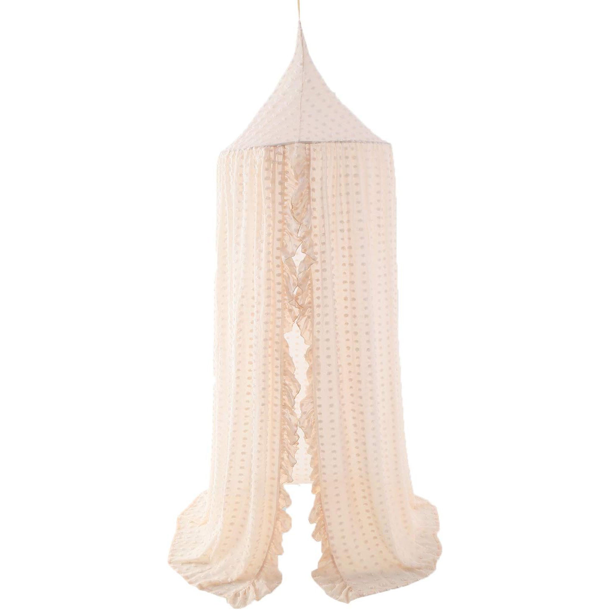 Niedlicher Baldachin mit Pompons in Beige für traumhafte Mädchenzimmer als Kuschelecke, Leseecke oder Betthimmel