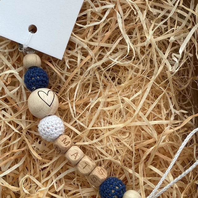 Schnullerkette Baby Junge | Mit Namen | Blau & Grau