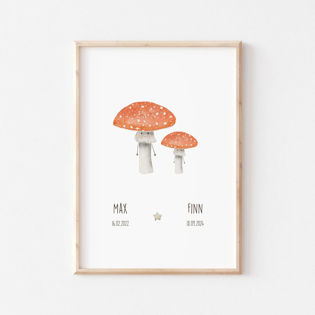 Geschwisterposter Fliegenpilz | Personalisiert | DIN A4 Geschnk Geburt Geschwistergeschenk Poster Wandgestaltung Deko Kinderzimmer Aquarell G5224K0475