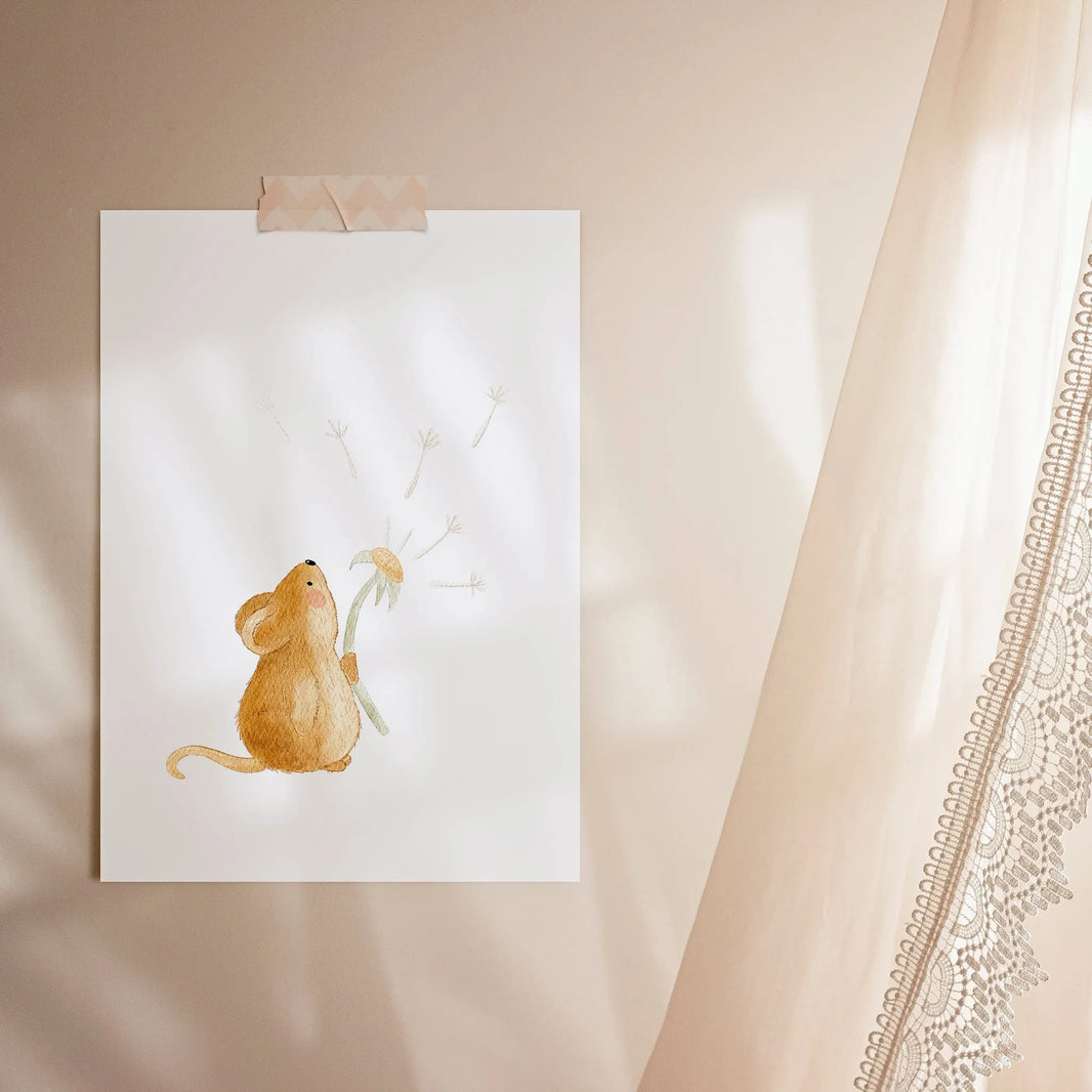 Kinderposter Maus Pusteblume | DIN A4 Kinderzimmer Deko Wandgestaltung Aquarell P1424K0322D4