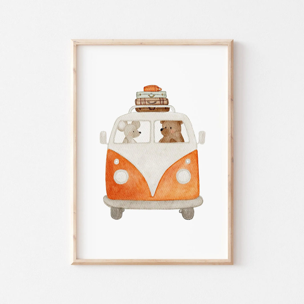 Kinderposter Retro-Bus rot | DIN A4 Wandgestaltung Kinderzimmer Deko Aquarell P1524K0328DI4