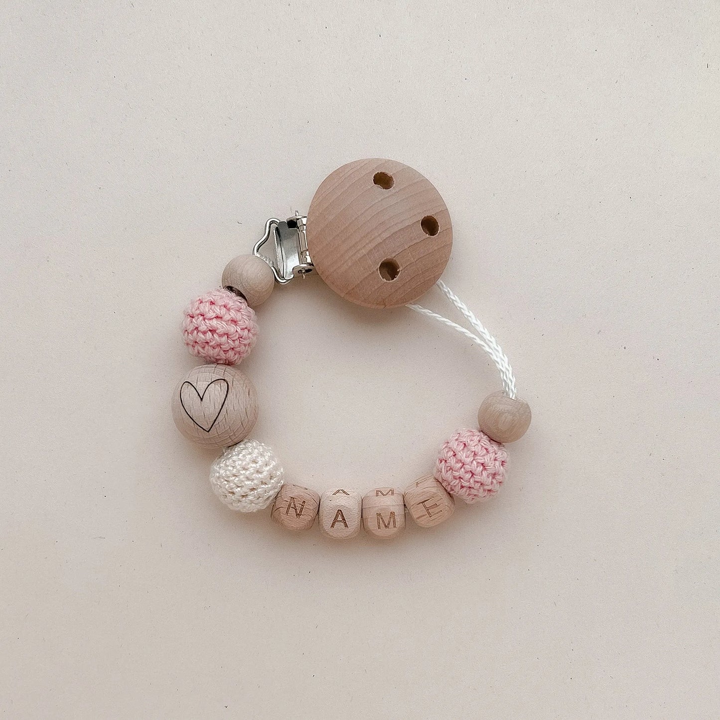 Kotenkram Schnullerkette Herz mit Namen | rosa + cremeweiß | Mädchen S0123K0219