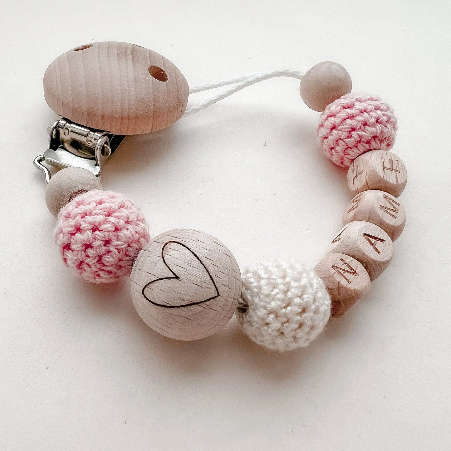 Kotenkram Schnullerkette Herz mit Namen | rosa + cremeweiß | Mädchen S0123K0219